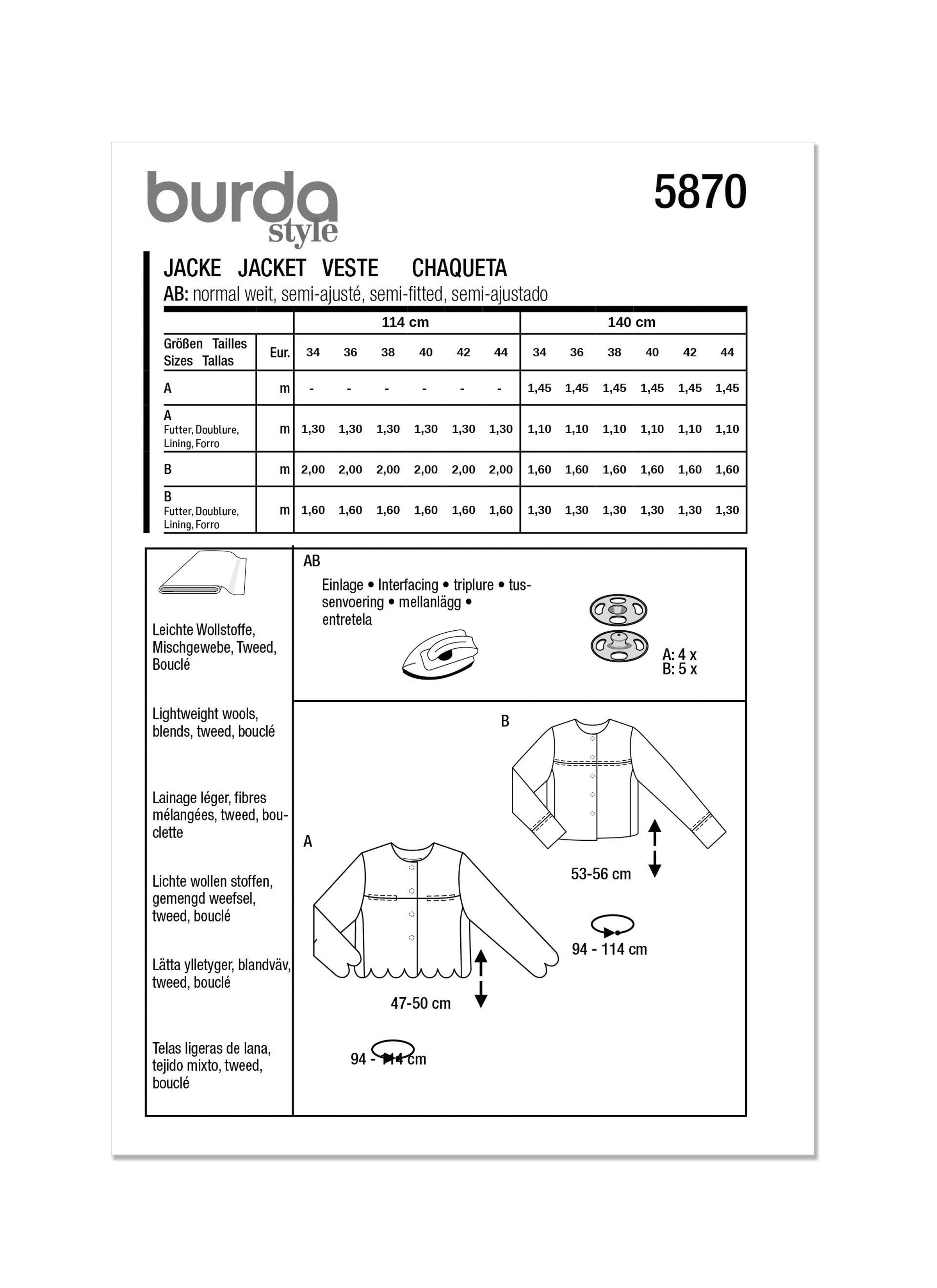 Burda Sewing Pattern 5870 Misses' Jacket from Jaycotts Sewing Supplies