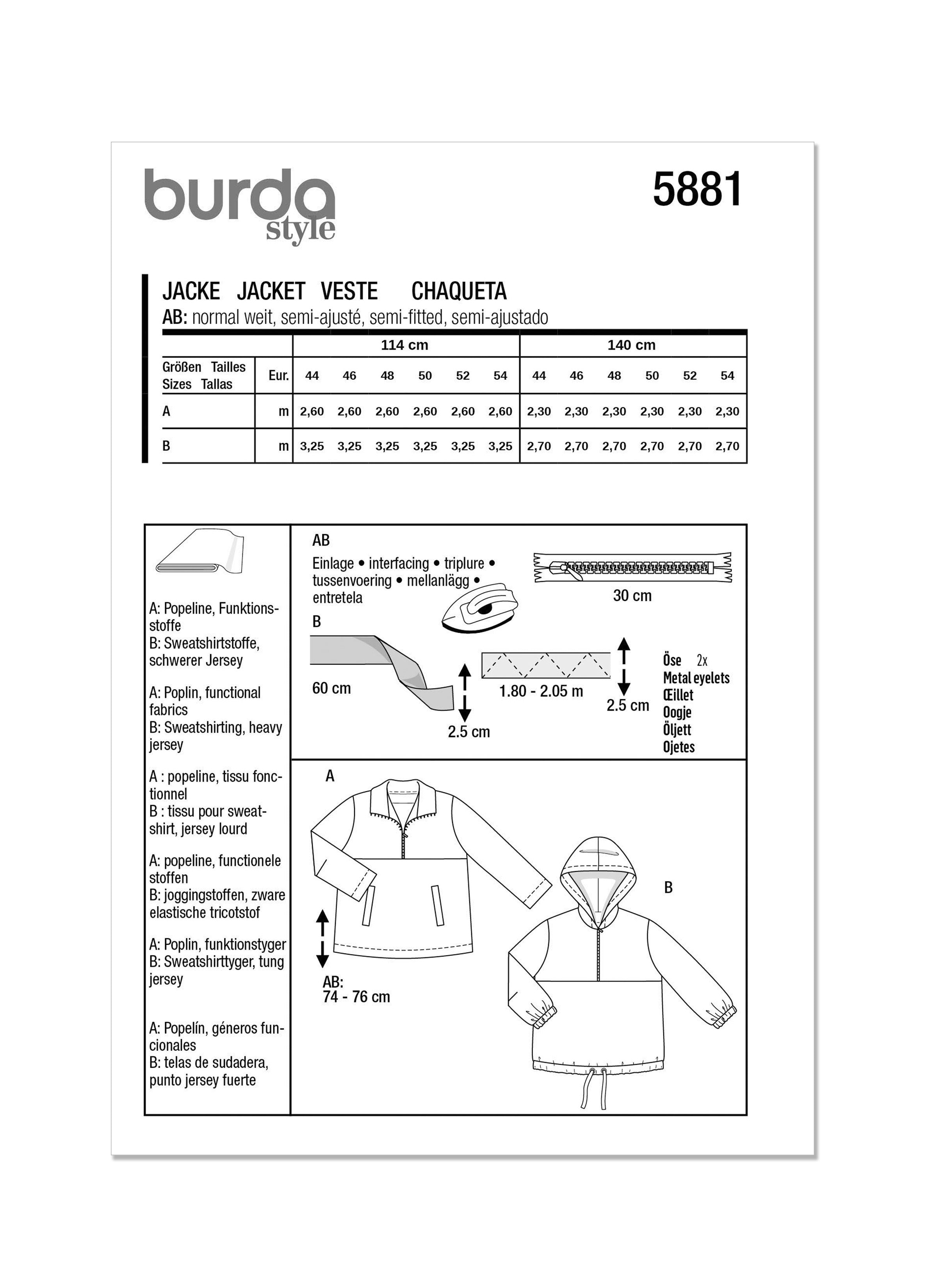 Burda Sewing Pattern 5881 Misses' Jacket from Jaycotts Sewing Supplies