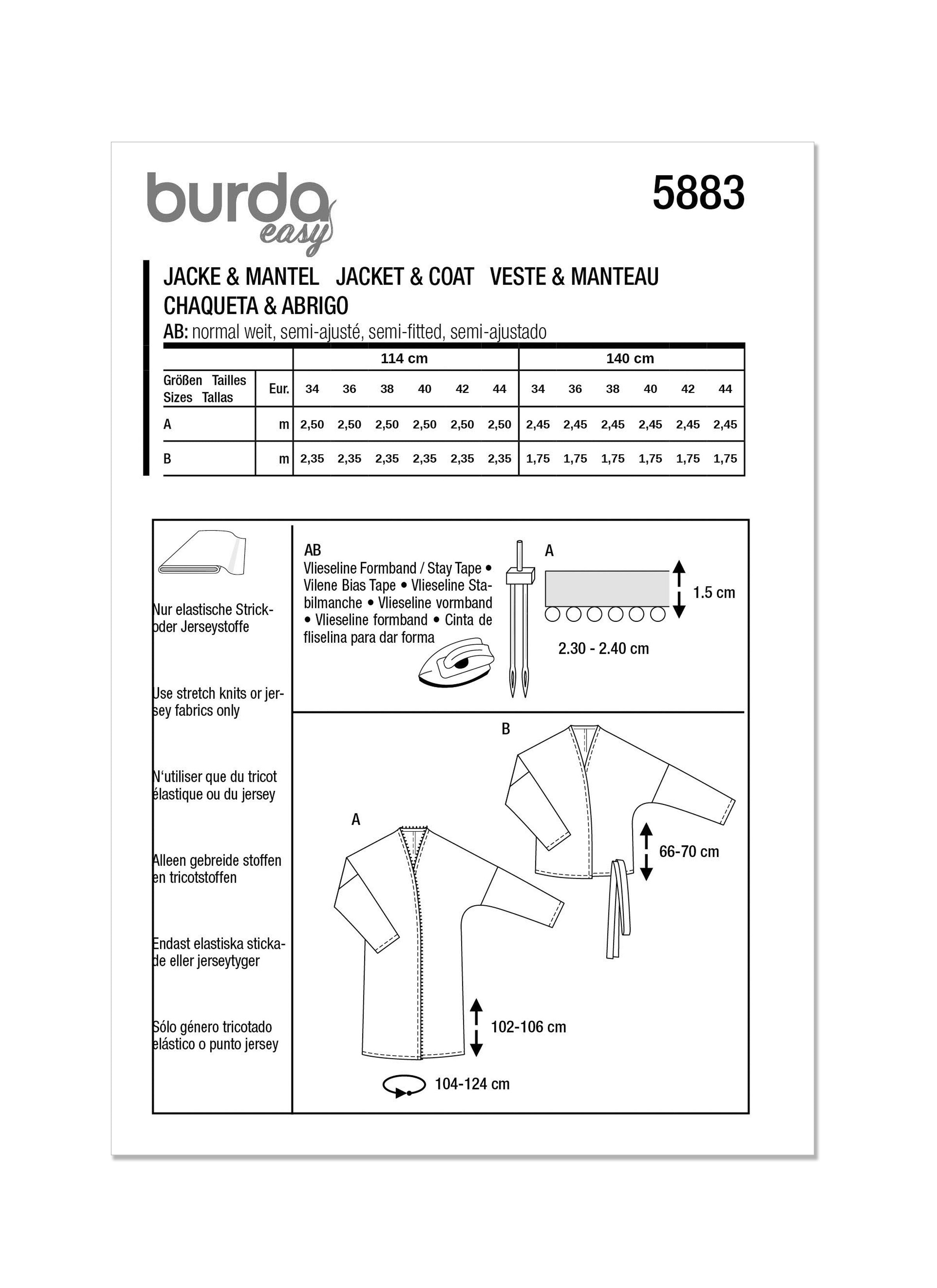 Burda Sewing Pattern 5883 Misses' Jacket & Coat from Jaycotts Sewing Supplies