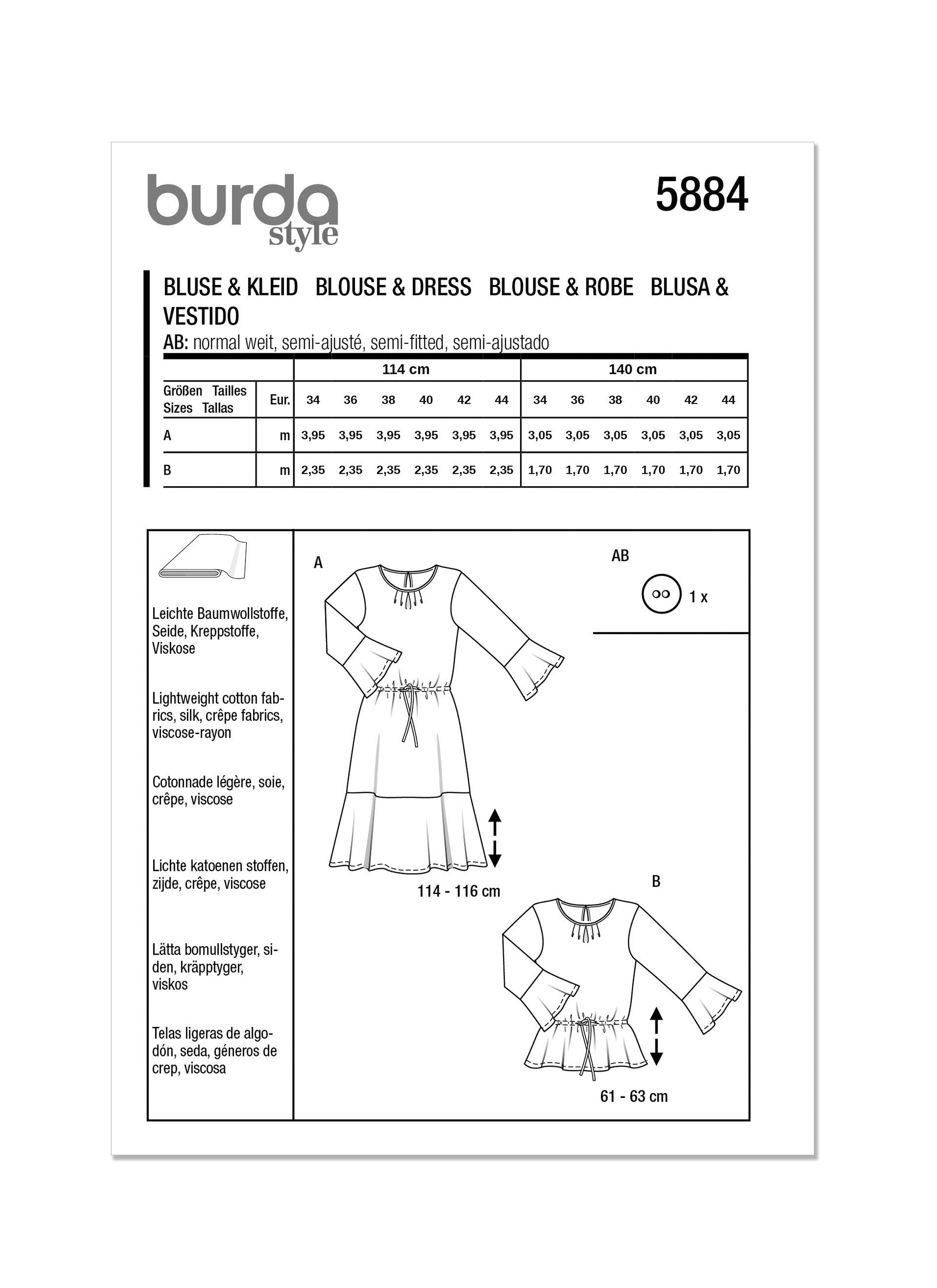 Burda Sewing Pattern 5884 Misses' Blouse and Dress from Jaycotts Sewing Supplies