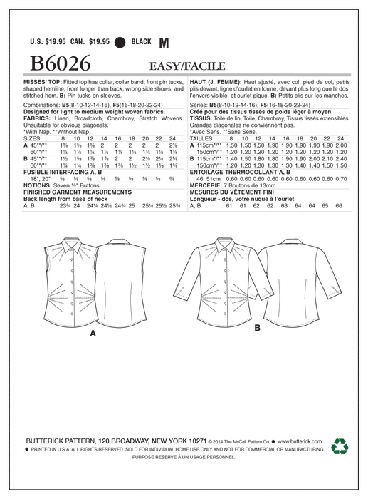 Butterick 6026 Misses' Top Pattern | Easy from Jaycotts Sewing Supplies