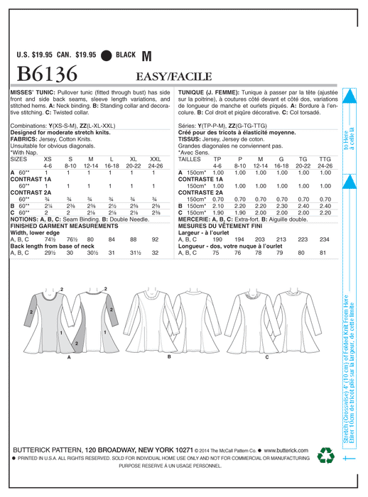 Butterick 6136 Misses' Tunic Pattern | Easy from Jaycotts Sewing Supplies