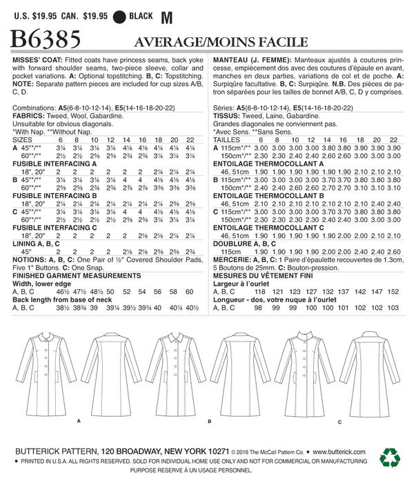 Butterick 6385 sewing pattern Ladies' Coats from Jaycotts Sewing Supplies