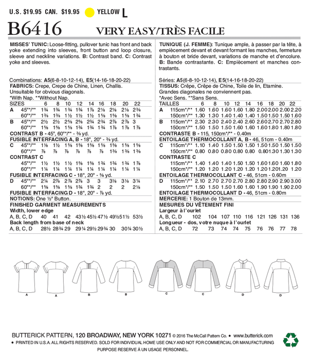 Butterick 6416 Misses' Button-Closure Tunics with Yokes Pattern from Jaycotts Sewing Supplies