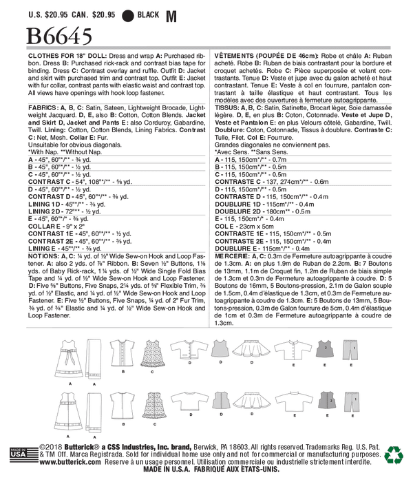 Butterick 6645 Clothes For 18" Doll Pattern from Jaycotts Sewing Supplies