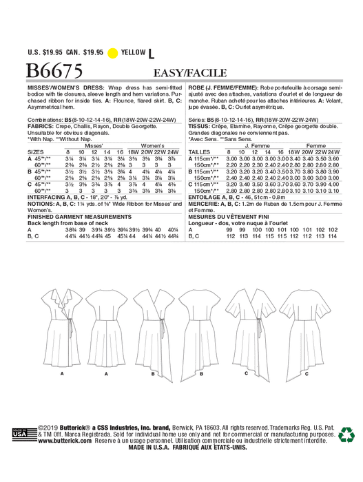 Butterick 6675 Misses'/Women's Dress Pattern | Easy from Jaycotts Sewing Supplies