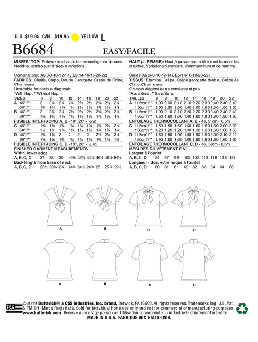 Butterick 6684 Misses' Top Pattern | Easy from Jaycotts Sewing Supplies