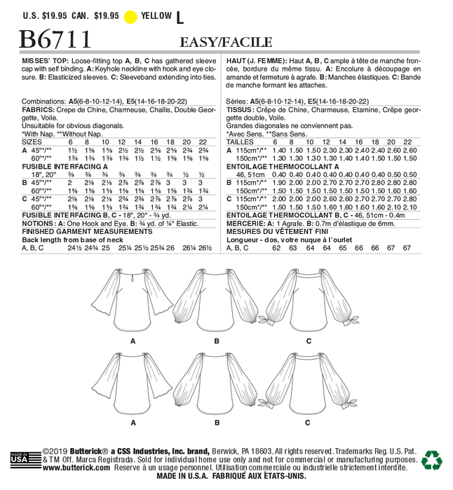 Butterick 6711 Loose fitting top pattern from Jaycotts Sewing Supplies