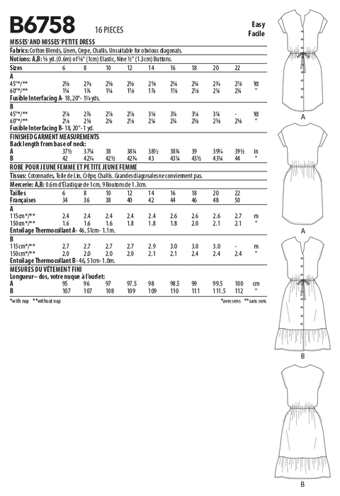Vestido Camisero Para Mujer Butterick B6758E5 | Patrón De Costura Fácil, Tallas 14-22, Poliéster Blanco