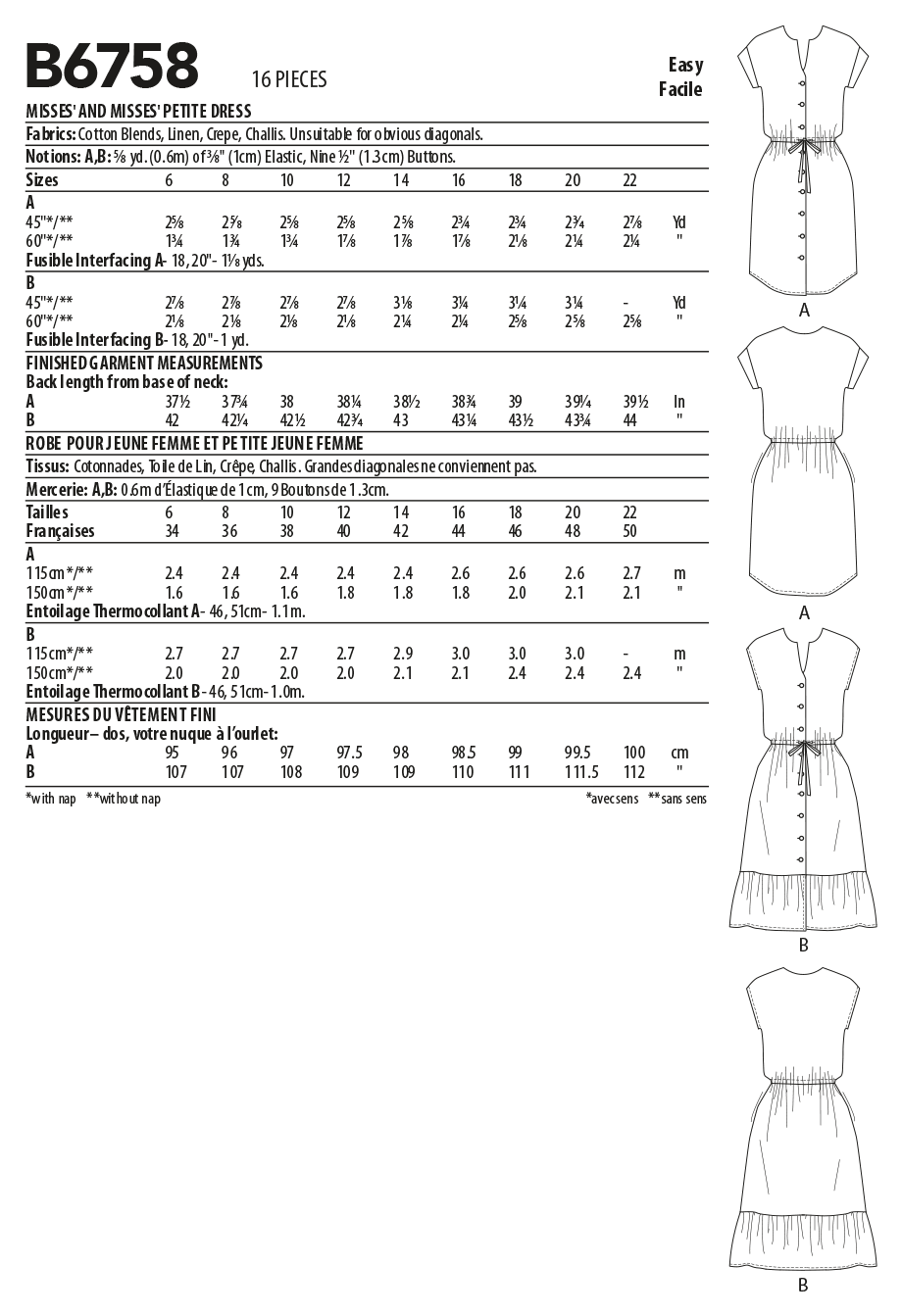 Butterick sewing pattern 6758 Misses' & Misses' Petite Dress from Jaycotts Sewing Supplies
