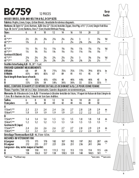 Butterick sewing pattern 6759 Misses' Dress, Sash and Belt from Jaycotts Sewing Supplies