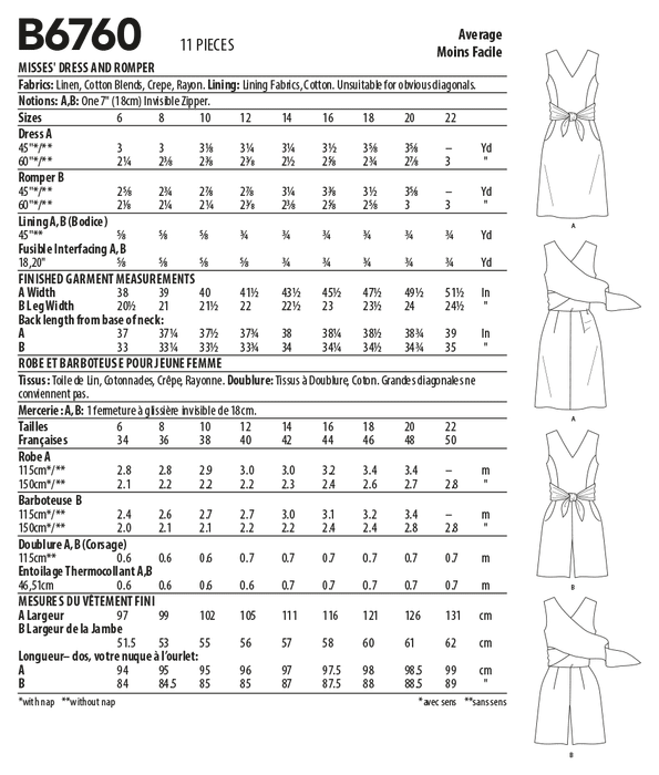 Butterick sewing pattern 6760 Misses' Dress and Playsuit from Jaycotts Sewing Supplies