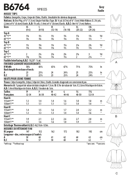 Butterick sewing pattern 6764 Misses' Tops from Jaycotts Sewing Supplies