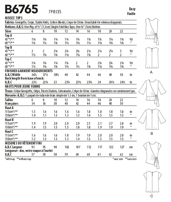 Butterick sewing pattern 6765 Misses' Tops from Jaycotts Sewing Supplies