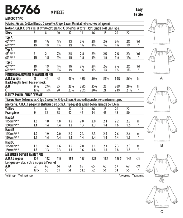 Butterick sewing pattern 6766 Misses' Tops from Jaycotts Sewing Supplies