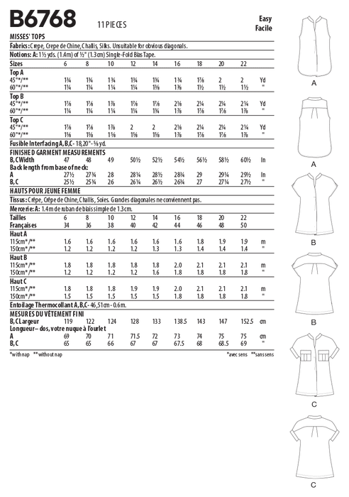 Butterick sewing pattern 6768 Misses' Top from Jaycotts Sewing Supplies