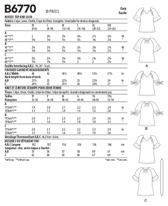 Butterick sewing pattern 6770 Misses' Tops and Sash from Jaycotts Sewing Supplies