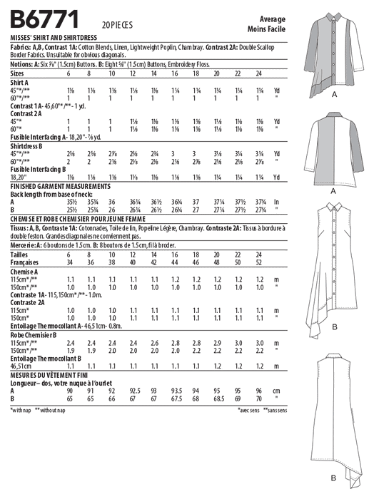 Butterick sewing pattern 6771 Misses' Shirt and Dress, from Jaycotts Sewing Supplies