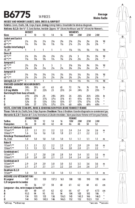 Butterick sewing pattern 6775 Jacket, Dress and Jumpsuits from Jaycotts Sewing Supplies