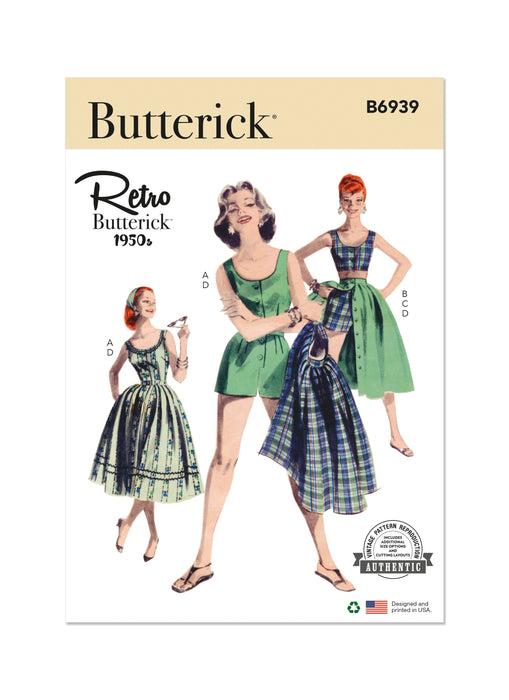 Butterick sewing pattern 6939 Playsuit, Midriff Blouse, Shorts and Skirt from Jaycotts Sewing Supplies