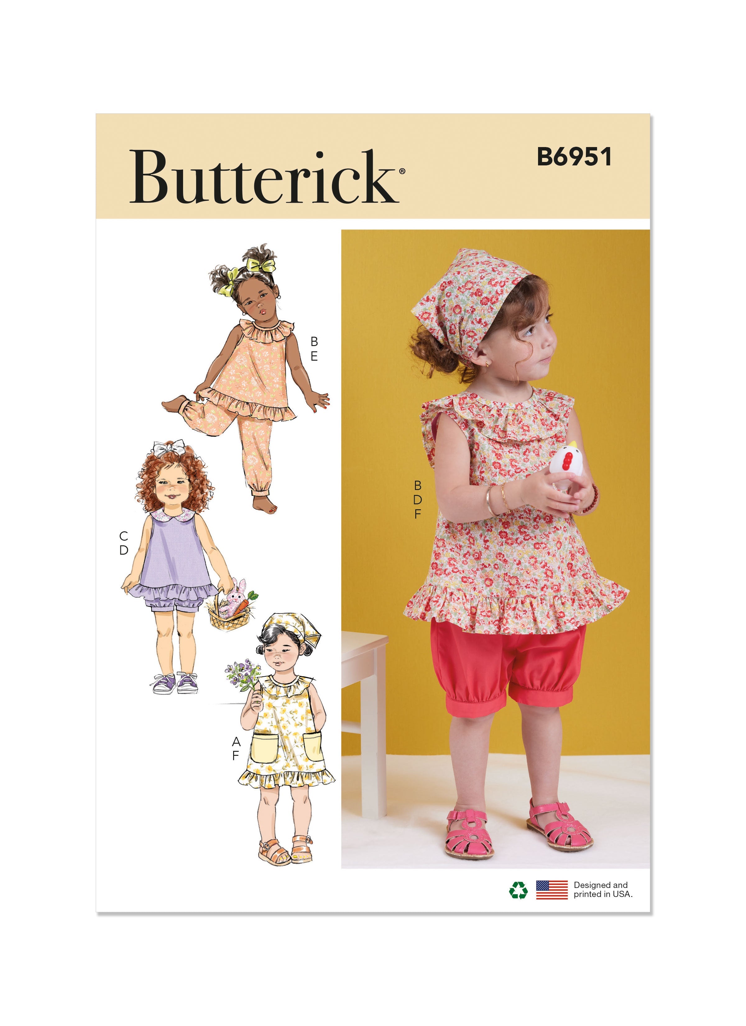Butterick sewing pattern 6951 Toddlers' Dress, Tops, Shorts, Pants and Kerchief from Jaycotts Sewing Supplies