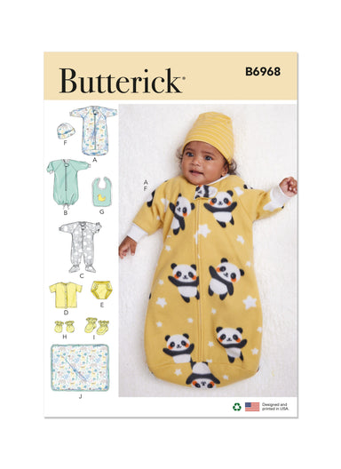 Butterick sewing pattern 6968 Bunting, Jumpsuit, Shirt and accessories from Jaycotts Sewing Supplies
