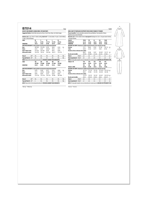 Butterick sewing pattern B7014 Misses' / Women's Lounge Dress, Top and Pants from Jaycotts Sewing Supplies