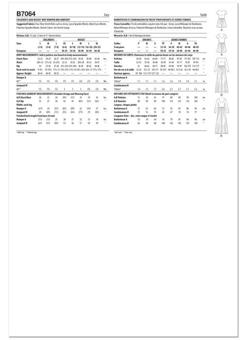 Butterick sewing pattern 7064 Children's and Misses' Knit Romper and Jumpsuit from Jaycotts Sewing Supplies