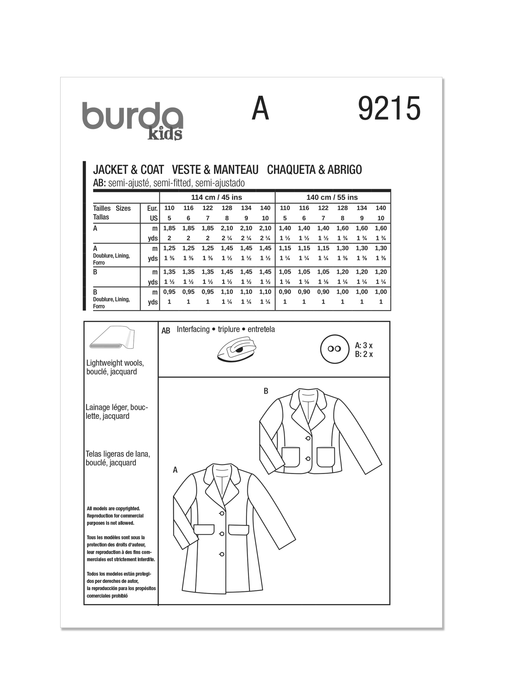 Burda Style Pattern 9215 Children's Coats from Jaycotts Sewing Supplies