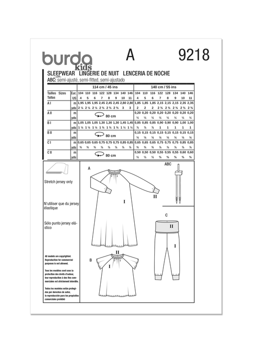 Burda Style Pattern 9218 Children's Sleepwear from Jaycotts Sewing Supplies