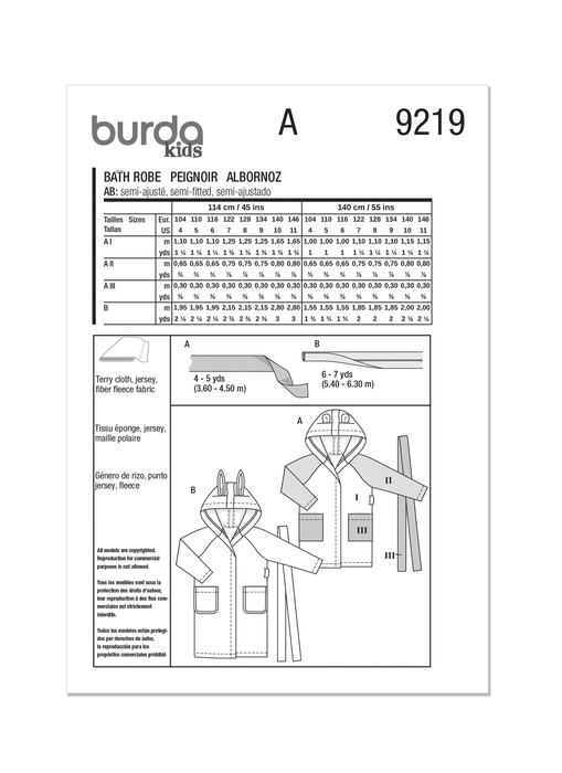 Burda Style Pattern 9219 Children's Bathrobe from Jaycotts Sewing Supplies