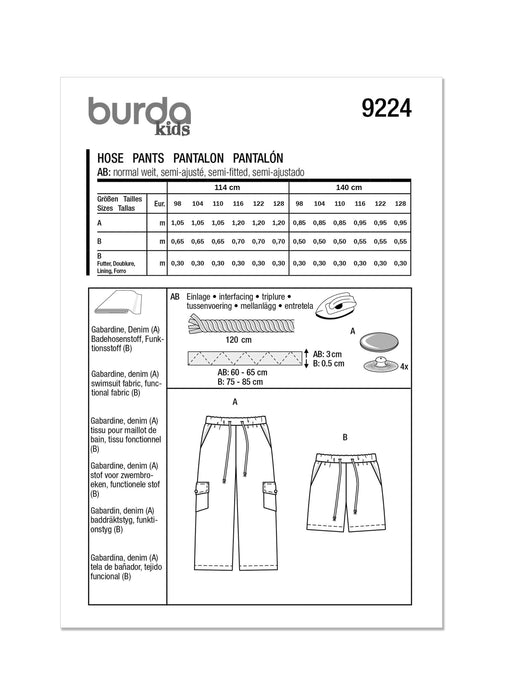 Burda Style 9224 Children's Cargo Pants Pattern from Jaycotts Sewing Supplies