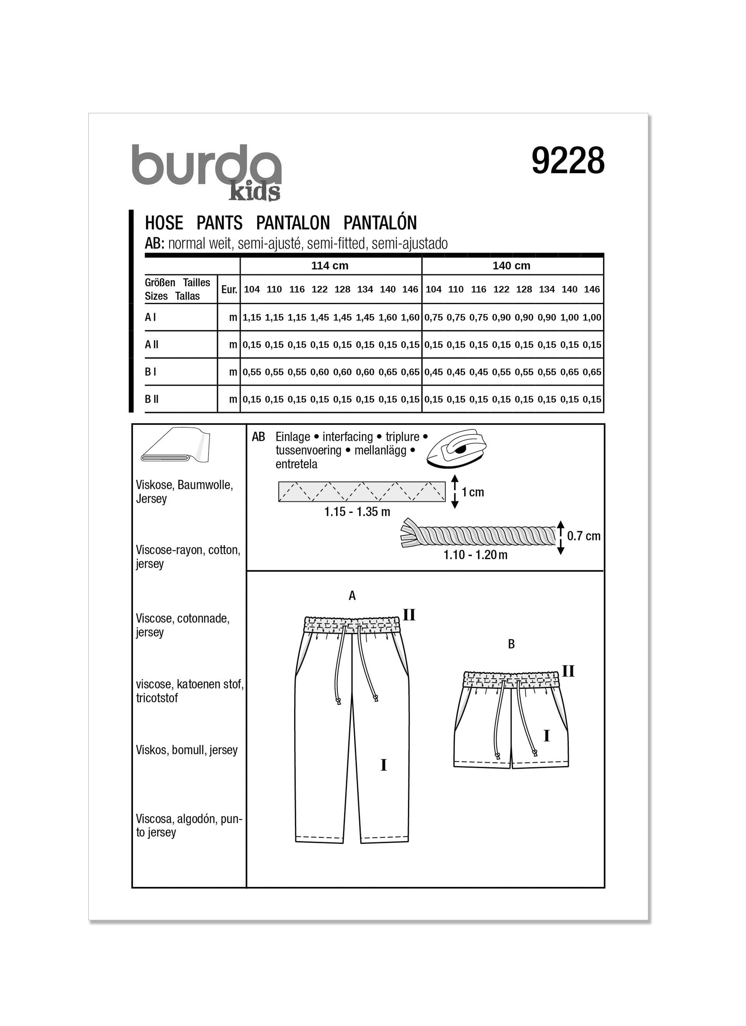 Burda Style Pattern 9228 Children's Pants from Jaycotts Sewing Supplies