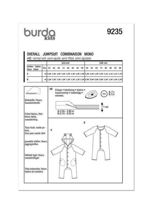 Burda Sewing Pattern 9235 Babies' Jumpsuit from Jaycotts Sewing Supplies