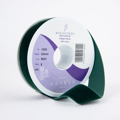 Berisfords Velvet Ribbon, Bottle Green 5m roll from Jaycotts Sewing Supplies