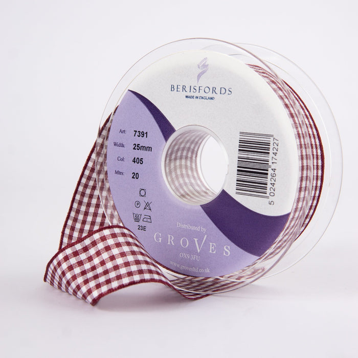 Berisfords Gingham Ribbon Burgundy from Jaycotts Sewing Supplies