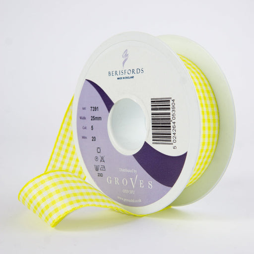 Berisfords Gingham Ribbon Lemon from Jaycotts Sewing Supplies