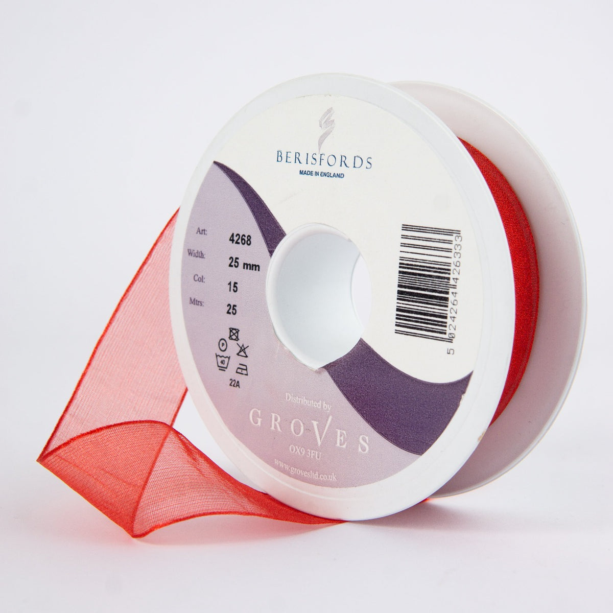 Berisfords Super Sheer Ribbon 25m roll - RED — jaycotts.co.uk - Sewing ...