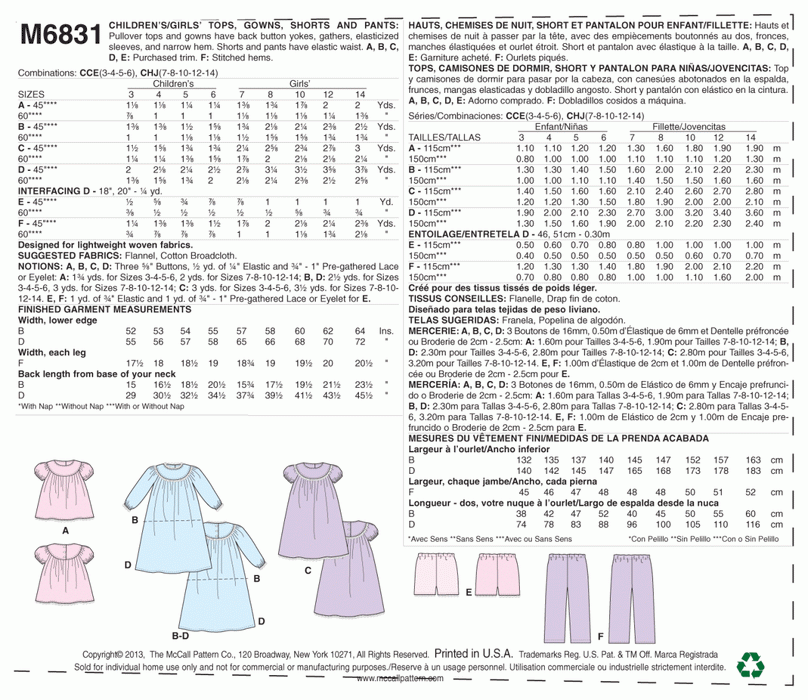 M6831 Girls' Sleepwear | Easy from Jaycotts Sewing Supplies