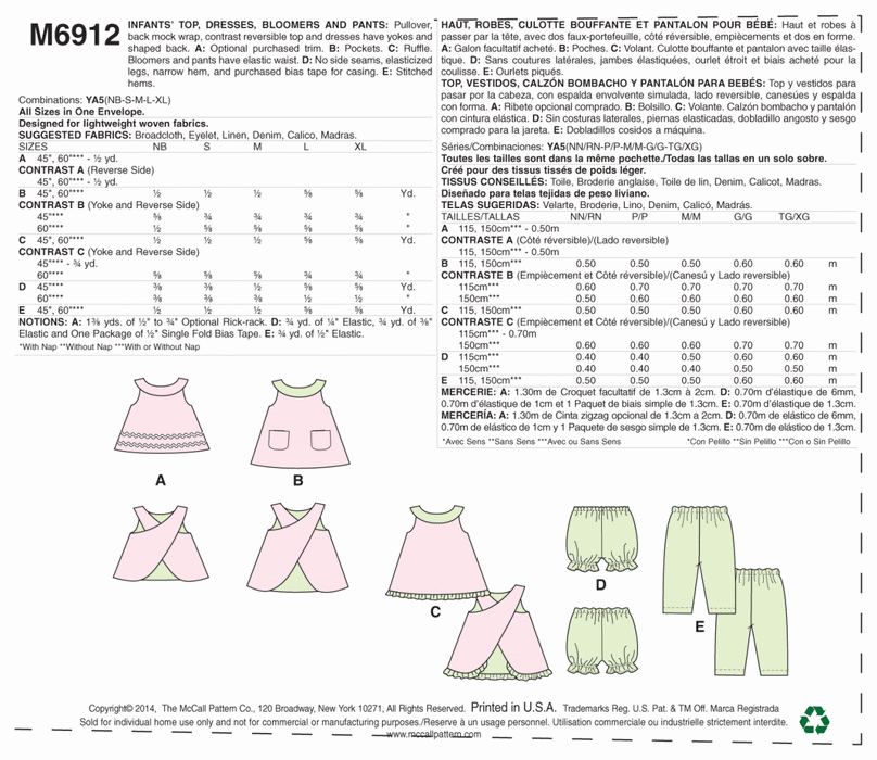M6912 Infants' Reversible Top, Dresses; Bloomers and Pants | Easy from Jaycotts Sewing Supplies