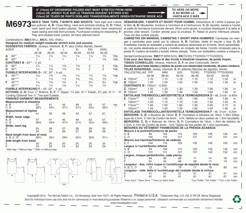 M6973 Men's Tank Tops, T-Shirts and Shorts from Jaycotts Sewing Supplies