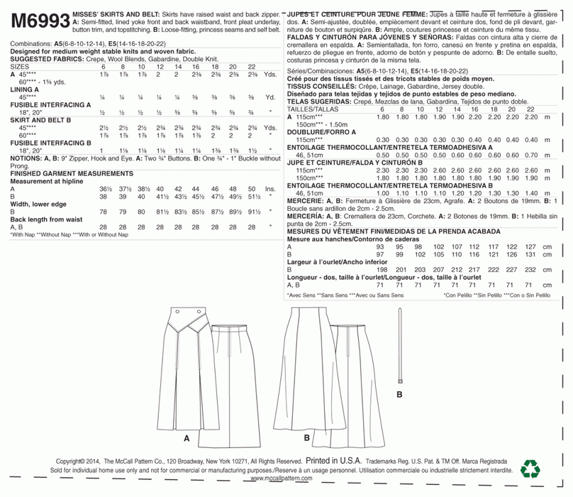 M6993 Misses' Skirts and Belt from Jaycotts Sewing Supplies
