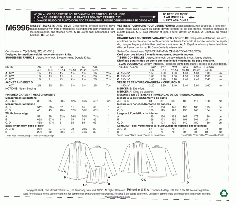 M6996 Misses' Jackets and Belt from Jaycotts Sewing Supplies