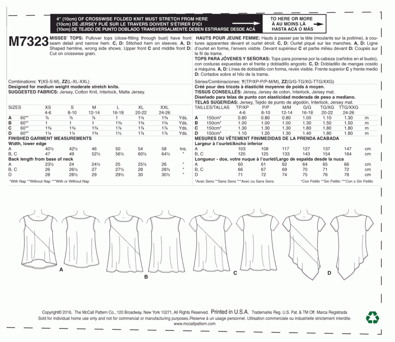 M7323 Misses' Asymmetrical Seam Detail Tops from Jaycotts Sewing Supplies