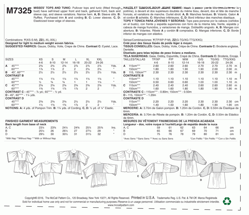M7325 Misses' Gathered Tops and Tunics from Jaycotts Sewing Supplies