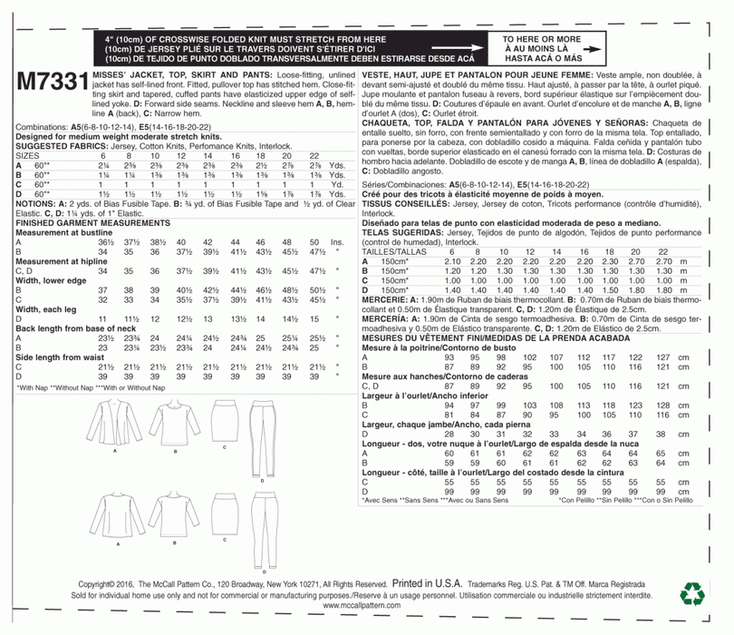 M7331 Misses' Cardigan, T-Shirt, Skirt and leggings from Jaycotts Sewing Supplies