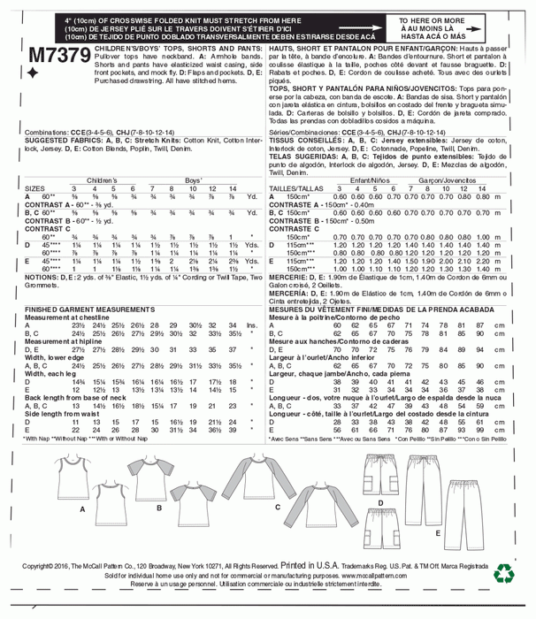 M7379 Boys Tank Tops, Cargo Shorts and Pants from Jaycotts Sewing Supplies