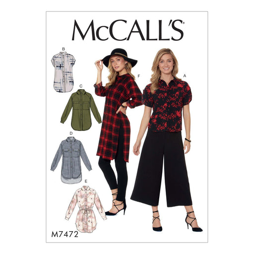 McCall's Sewing Pattern 7472 Misses' Raglan Sleeve, Button-Down Shirts and Tunics from Jaycotts Sewing Supplies