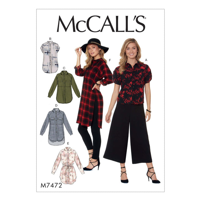 McCall's Sewing Pattern 7472 Misses' Raglan Sleeve, Button-Down Shirts and Tunics from Jaycotts Sewing Supplies