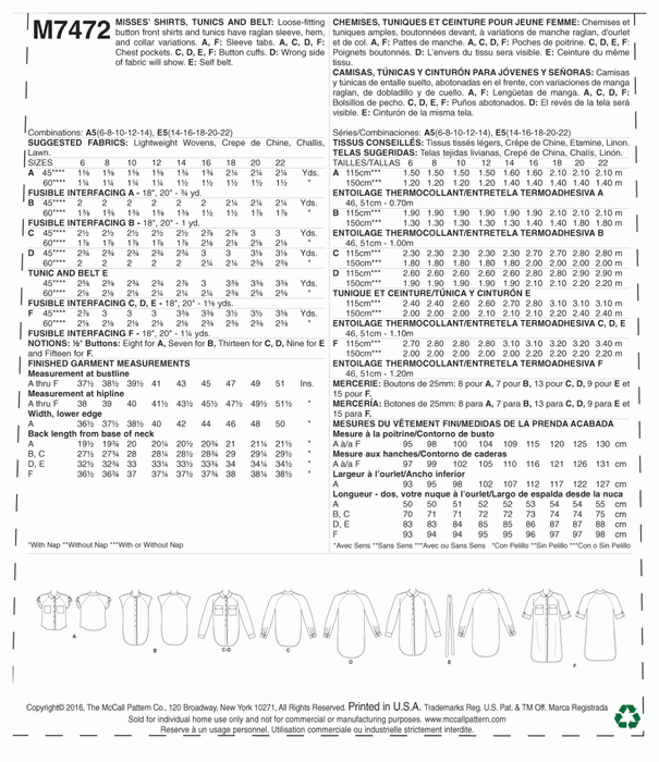 McCall's Sewing Pattern 7472 Misses' Raglan Sleeve, Button-Down Shirts and Tunics from Jaycotts Sewing Supplies